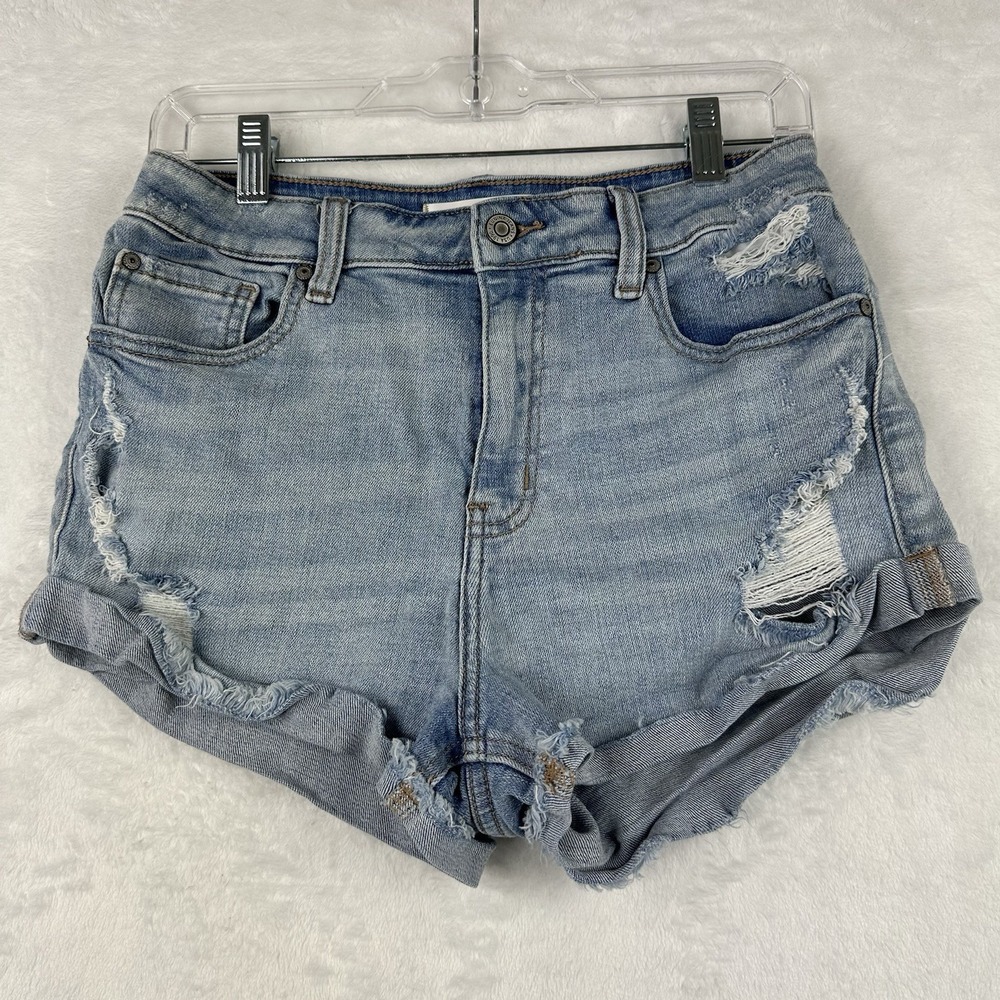 Eunina Womens Size M Kara Super High Rise Raw Hem Blue Jean High Low Roll Shorts